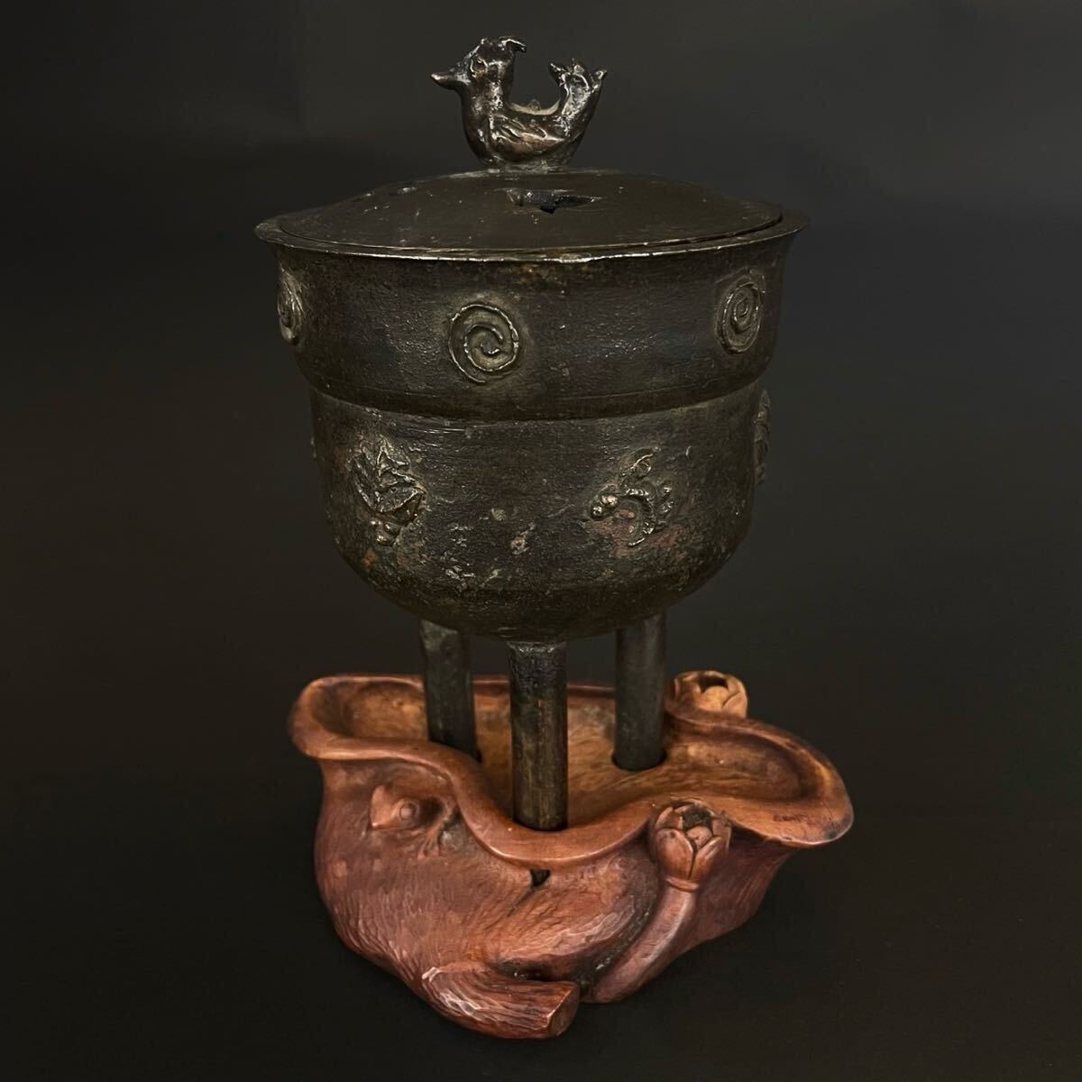 ♥とても古い 古銅製 香炉 大型 木箱付き 骨董品 古玩