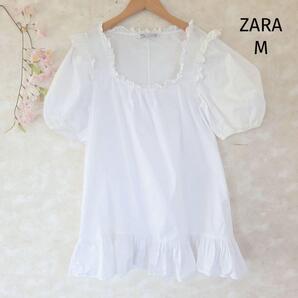 ザラ ZARA ブラウス【M】フリル ぼわん袖 白 フェミニン 半袖