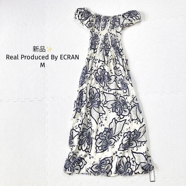 新品Real オフショルワンピース 花柄 【M】紺 ベージュ ロング