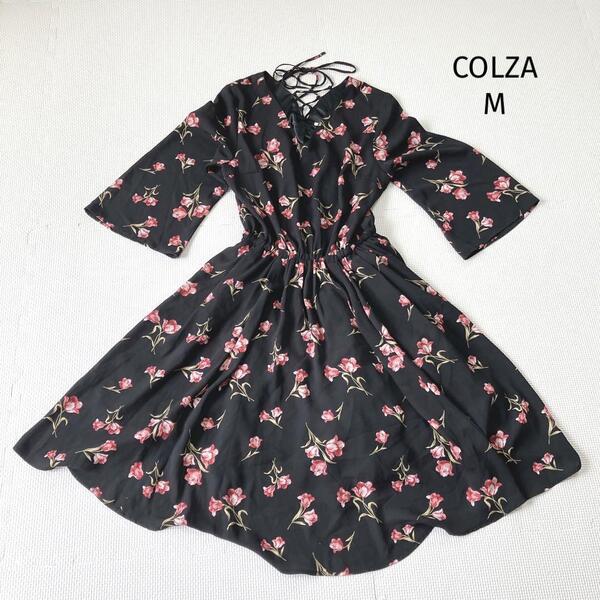 コルザ COLZA 膝丈ワンピース【M】七分袖 花柄 レースアップ 黒 フレア