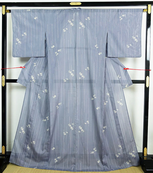 夏物 夏のきもの 絽小紋 縞柄に小花模様 ロング丈 ポリエステル 11903
