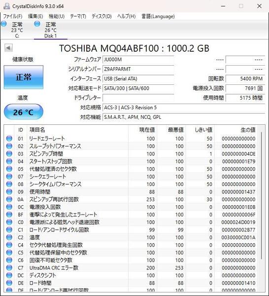 【正常判定】TOSHIBA MQ04ABF100 1TB 5175時間使用 (管理番号 T-60)
