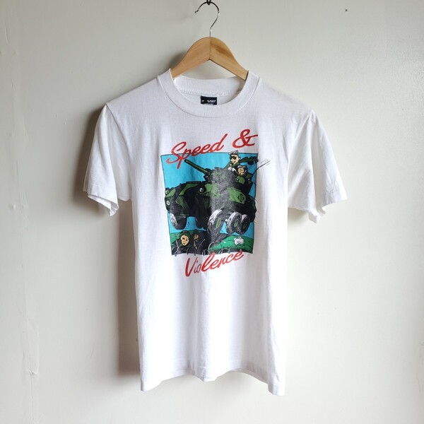 I2◆【sizeS】90s カナダ製 SCREEN STARS BEST プリントTシャツ 半袖 白 戦車 COUGAR DRIVER vintage 中古 USED 古着