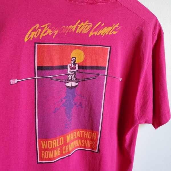 I6◆【sizeL】90s USA製 SCREEN STERS BEST プリントTシャツ 半袖 ピンク系 カヌー スポーツ vintage 中古 USED 古着