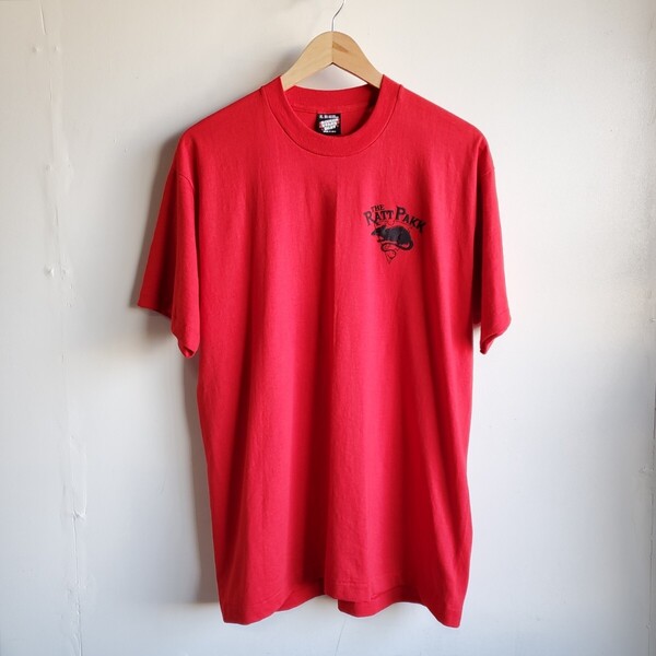 I8◆【sizeXL】90s USA製 THE RATT PAKK プリントTシャツ 半袖 赤 レッド vintage 中古 USED 古着 SCREEN STERS BEST