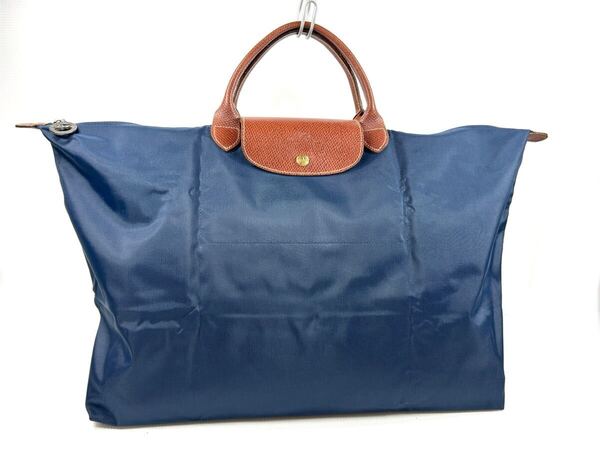 新品同様 LONGCHAMP ロンシャン プリアージュ ナイロン ボストンバッグ ハンドバッグ 折りたたみ ネイビー ブラウン Lサイズ 大容量