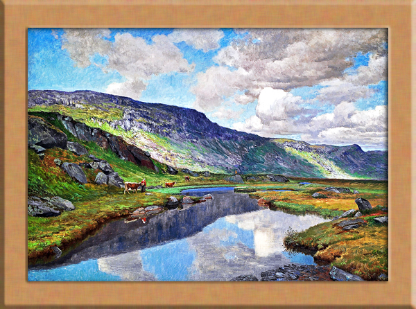 牛のいる川の風景画 A4 フレームなし ノルウェーのアート