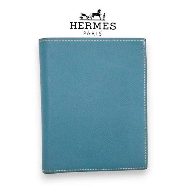 エルメス 二つ折りカード札入れ MC2 デカルト □K刻印 ブルージーン Epsom MC2 Descartes Wallet メンズ折り財布 レザーエプソン青系