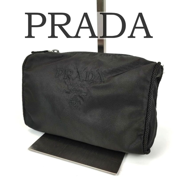美品 PRADA プラダ アクセサリーポーチ 小物入れ ロゴ刺繍 ナイロン ブラック 黒 レディース 白タグ有 化粧ポーチ ポーチ