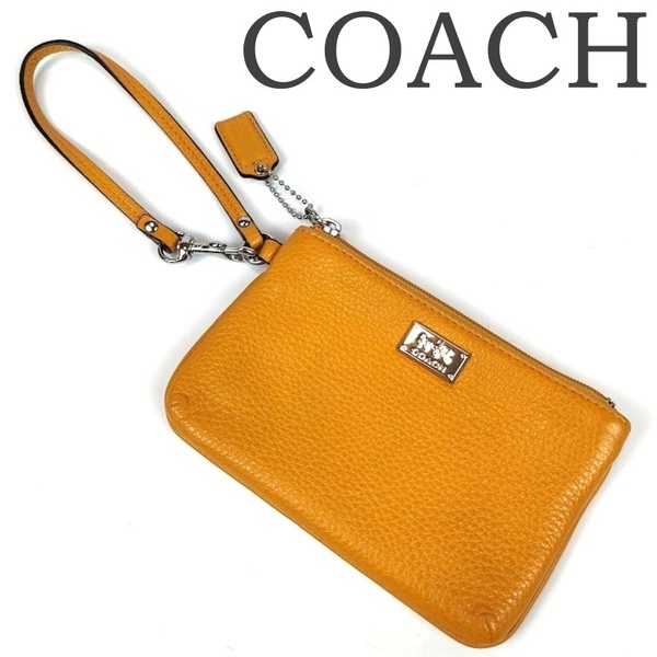 美品 COACH コーチ リストレットポーチ 小物入れ レザー 革 イエロー系 レディース 馬車 ロゴプレート カード パスケース バッグインバッグ