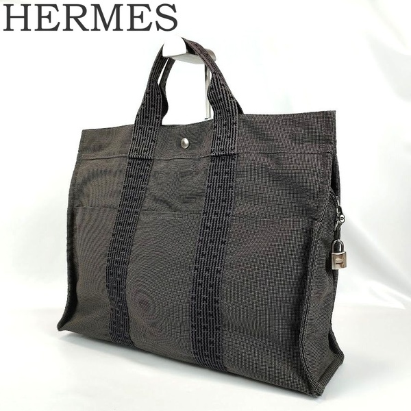 良品 HERMES エルメス エールライン MM トートバッグ グレー シルバー金具 キャンバス 手提げ鞄 ハンドバッグ 中古 カデナ 鍵無し 男女兼用