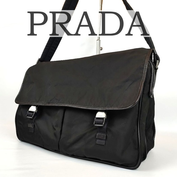 良品 PRADA プラダ ショルダーバッグ ブラック 黒 ナイロン メッセンジャーバッグ 三角ロゴプレート メンズ 中古 A4収納可能