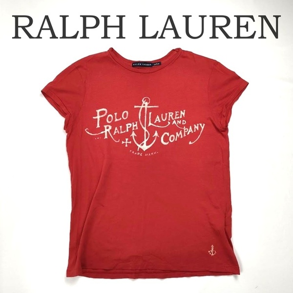 RALPH LAUREN ラルフローレン 半袖 Tシャツ レッド 赤 英字プリント 錨 S 160/80A レディース カットソー ブランド 中古 綿100%