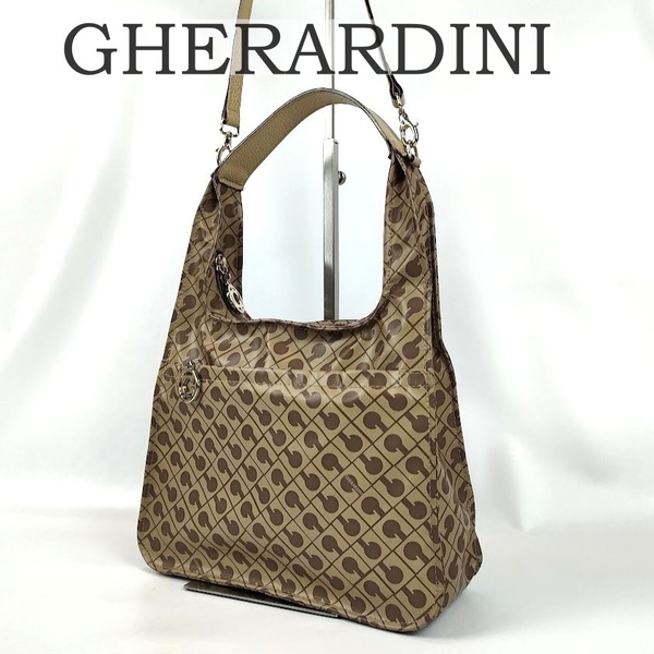 極美品 GHERARDINI ゲラルディーニ 2way ショルダーバッグ ソフティ ベージュ 肩掛け ブラウン ハンドバッグ 総柄 ブラウン