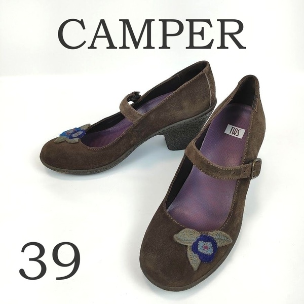 良品 CAMPER カンペール スエード パンプス ハイヒール サイズ39 (25相当) 花柄 ブラウン 茶 レディース