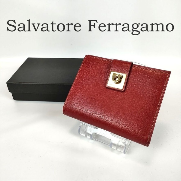 未使用 Salvatore Ferragamo サルヴァトーレフェラガモ 二つ折り財布 ガンチーニ レッド 赤 レザー 金具ゴールド 箱 レディース