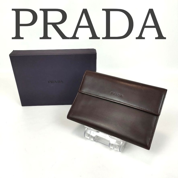 良品 PRADA プラダ 三つ折り財布 ロゴ ブラウン 茶 メンズ レディース レザー系 MADE IN ITALY 箱
