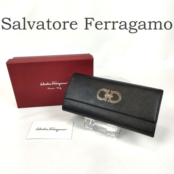 訳あり Salvatore Ferragamo サルヴァトーレ フェラガモ 長財布 ガンチーニ レザー ブラック シルバー メンズ レディース フラップ 箱あり