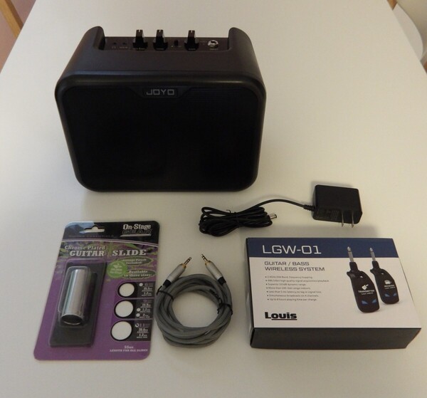 【美品】ギターアンプ(JOYO MA-10E) + ワイヤレスシステム(Louis LGW-01) + オーディオケーブル ステレオミニ 2m + オマケでスライドバー