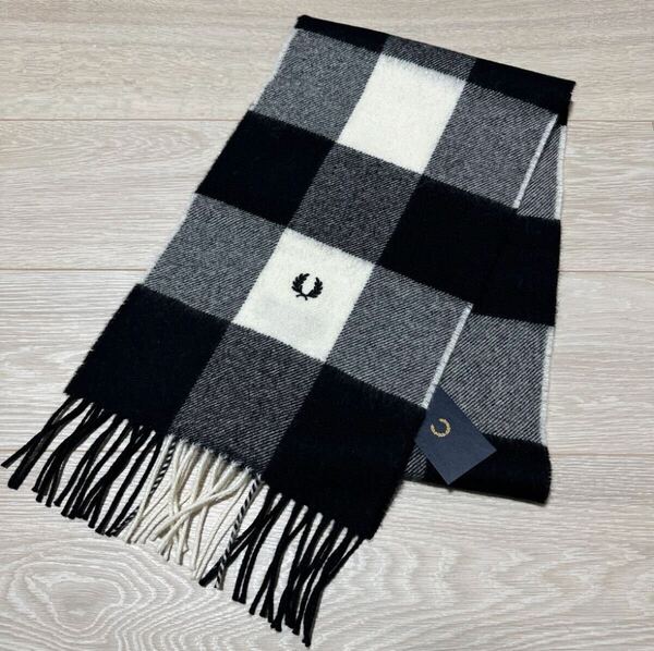 ★送料無料★新品★FRED PERRY(フレッドペリー)/イギリス製/UK製/ウールマフラー/タータンチェック/黒系