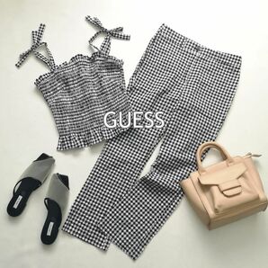 ゲス guess ギンガムチェック キャミソールビスチェ クロップドパンツ セットアップ 2点 S 白黒 大人かわいい 春夏 リゾート