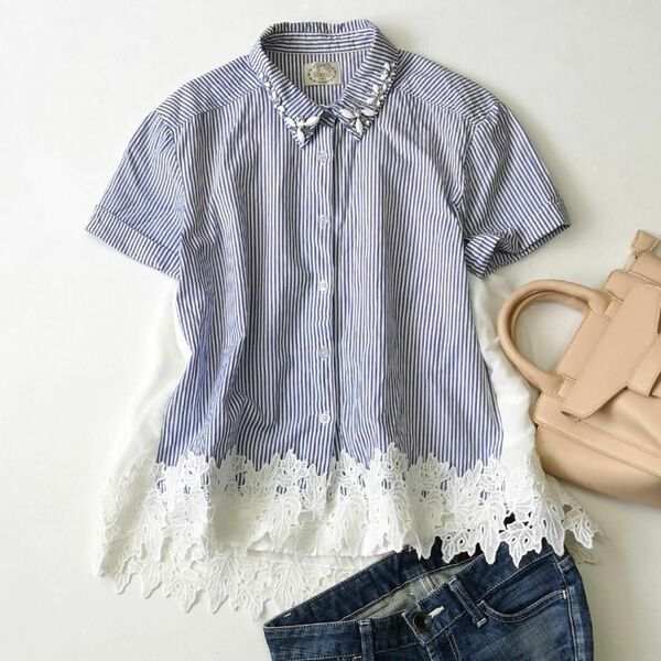 tocco closet トッコクローゼット 襟ビジュー ストライプ シフォン レース 半袖 シャツ ブラウス トップス 青系 M 夏