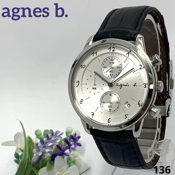 136 稼働品 電池交換済 ★訳あり agnes b. アニエスベー メンズ 腕時計 クオーツ式 3針 デイト マルチェロ 人気 希少