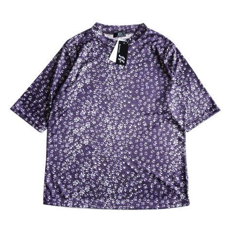 新品 f.f. 花柄 ボタニカル 総柄 ハイネック 5分袖 カットソー テロテロ とろみ Tシャツ 透けない M レディース