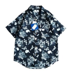 新品 ハイビスカス 花柄 パナマシャツ 半袖 開襟 M メンズ 紳士 シャツ 紺 アロハシャツ Fat Animals くじら 鯨 総柄