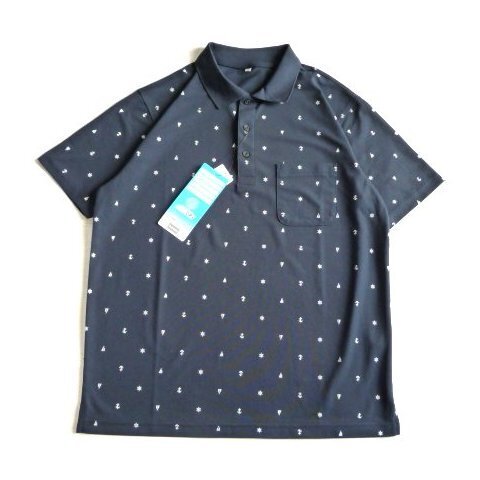 新品 モノトーン アンカー ポロシャツ 紺 FIBER DRY メンズ M ヨット 総柄 半袖 シャツ ファイバードライ 紳士