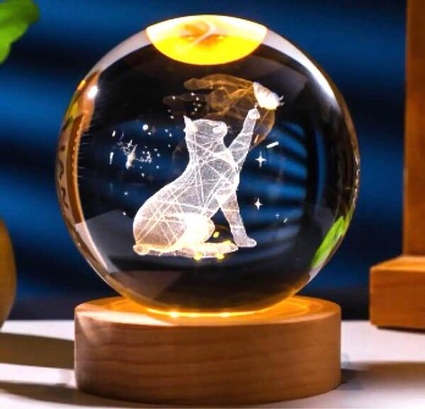 ガラスボール ねこ3D 猫 LEDライト 間接照明 ランプ クリスタルボール