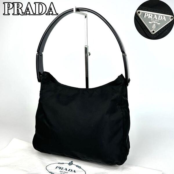 極美品 PRADA プラダ ハンドバッグ プラハンドル 三角ロゴ トライアングル ロゴプレート フォーマル 男女兼用 肩掛け 黒 テスートナイロン