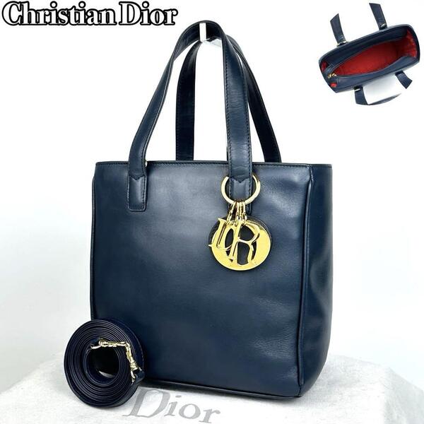 【極美品】Christian Dior レディディオール ハンドバッグ 2way ショルダーバッグ カナージュ ゴールド金具 チャーム レザー ネイビー 人気