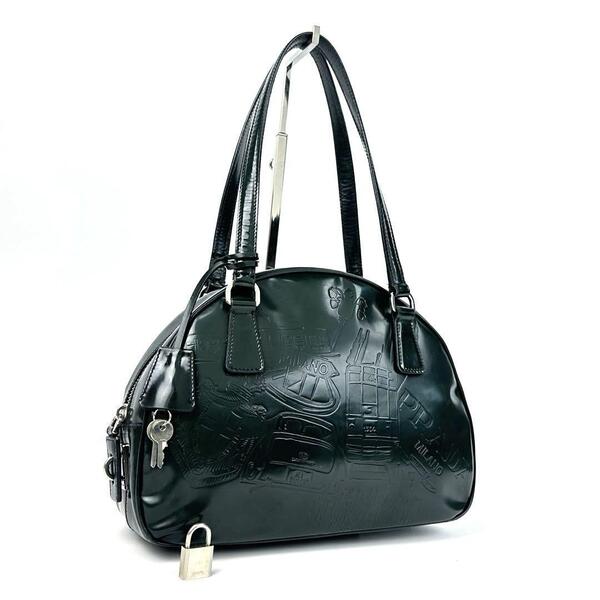 【美品】PRADA プラダ ハンドバッグ トートバッグ 三角ロゴ エンボス 南京錠 クロシェット 裏地総柄 フォーマル ビジネス 男女兼用 レザー