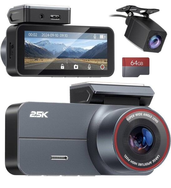 小型ドライブレコーダー 2.5K HD画質 160°広角 Gセンサー 車載 前後2カメラ 3.39インチ液晶画面 エンジン連動 64GBメモリーカード