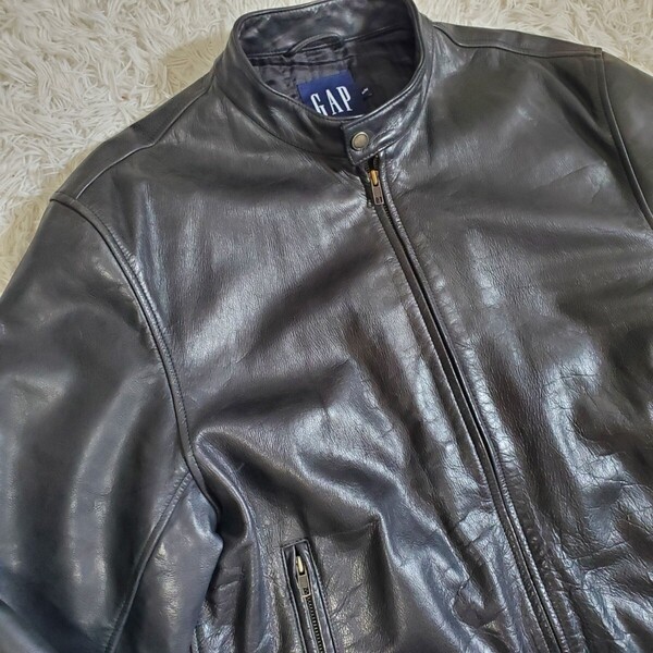 希少 美品 old GAP 紺タグ シングルライダース レザージャケット ブラック 牛革 カウレザー XL相当 COW LEATHER オールドギャップ 黒