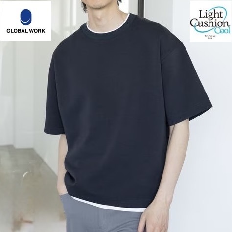 着用少 グローバルワーク ライトクッション COOLレイヤー/半袖【ネイビー×ホワイト/Mサイズ】接触冷感 ドライ GLOBAL WORK /送料無料 即決