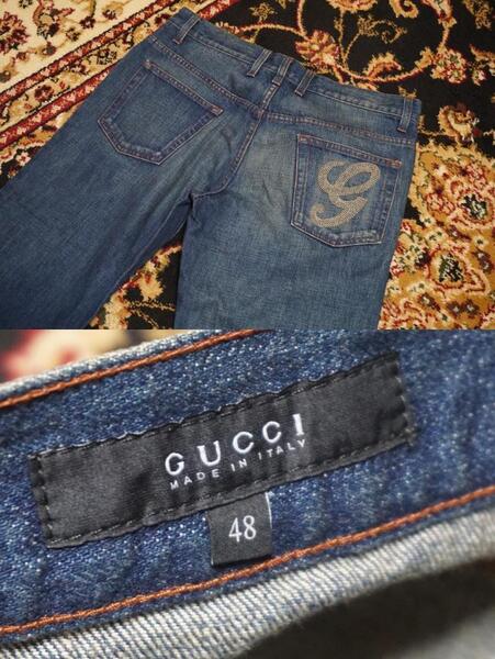 11932/ グッチ GUCCI 超人気ヴィンテージ ウエスト実寸:92cm『シルバースタッズが煌めく!』G筆記体スタッズマーク デニムパンツ ジーンズ