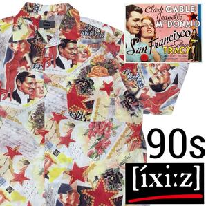 90s■ixi:z イクシーズ■アロハシャツ ムービー ポスター 映画 総柄 M 桑港 クラークゲーブル スペンサートレイシー 花柄 アーカイブ
