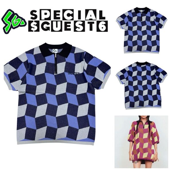24ss 美品■Special Guest KK■ニット アーガイル ポロシャツ M ネイビー 白 藤色 ハーフジップ スペシャルゲスト セーター男女兼用
