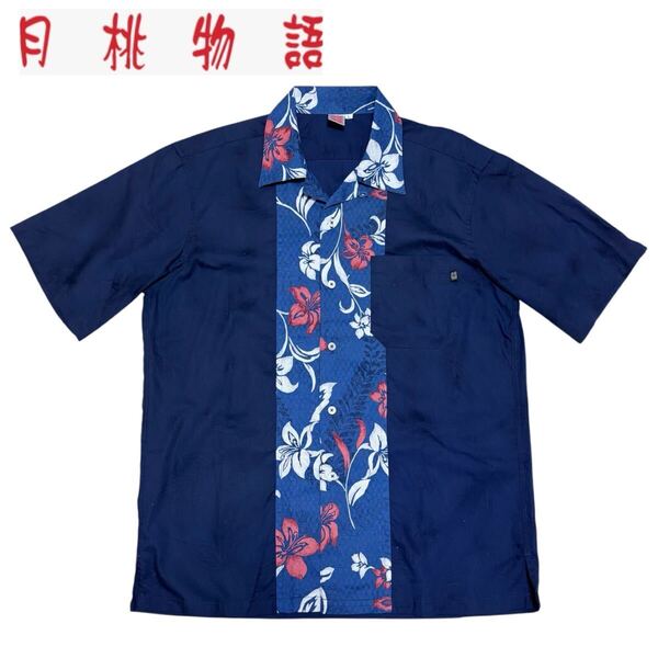 良品■月桃物語■かりゆしウェア アロハシャツ オープンカラー 花柄 麻混 L ネイビー 赤 ハイビスカス センターライン 切替 リネンブランド