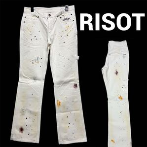 美品■RISOT■デニム パンツ ペインター フレアー ペイント 汚れ加工 L 白 ホワイト ジーンズ ブーツカット シャビー加工 スプラッシュ