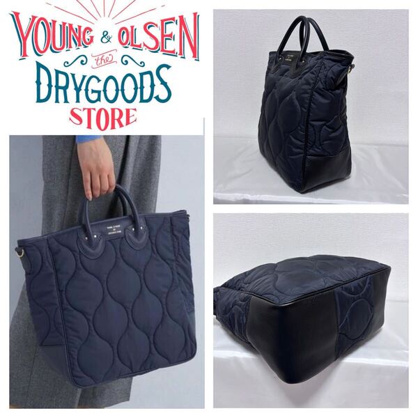 新品同 GRL別注■YOUNG & OLSEN■キルト レザー トートバッグ 黒 ブラック ナイロン 中綿 キルティング ハンドバッグ 牛革 定価20,900円