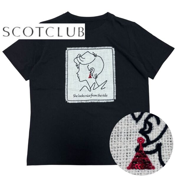 良品■SCOTCLUB スコットクラブ■刺繍 ワッペン Tシャツ スパンコール M 黒 ブラック フェイス柄 レディ クルーネック カットソー ヤマダヤ