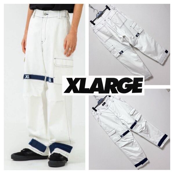 X-LARGE■ADJUSTABLE CARGO カーゴ シャトル パンツ 34 白 ホワイト デニム ベルクロ マジックテープ ワイド バギー エクストララージ