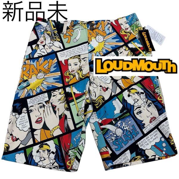 新品未■LOUDMOUTH■アメコミ 総柄 ゴルフ ハーフパンツ ストレッチ M カラフル ラウドマウス マンガ柄 アメリカンコミック ショートパンツ
