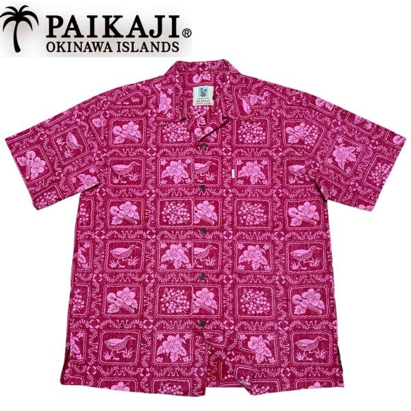 美品■PAIKAJI パイカジ■ラハイナセーラー アロハシャツ オープンカラー L 赤 レッド リバースプリント 裏使い ココナッツボタン 半袖