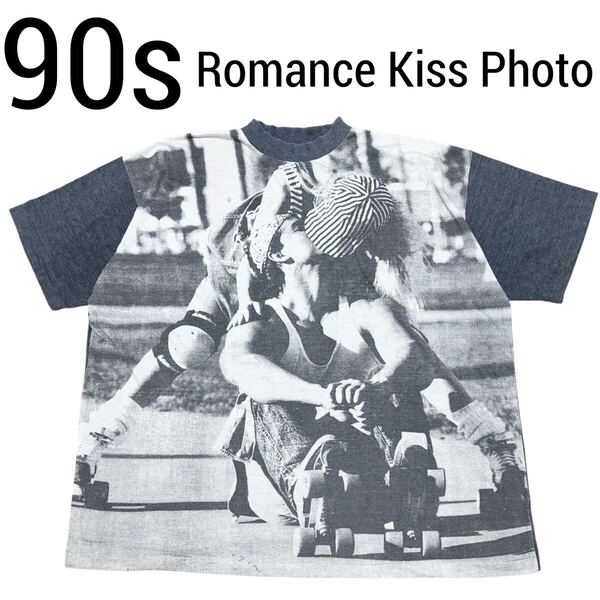 90s■PRACTSTUDIO■Romance Kiss オーバーサイズTシャツ M-L グレー ビッグシルエット オーバーサイズ シングルステッチ Vintage オールド