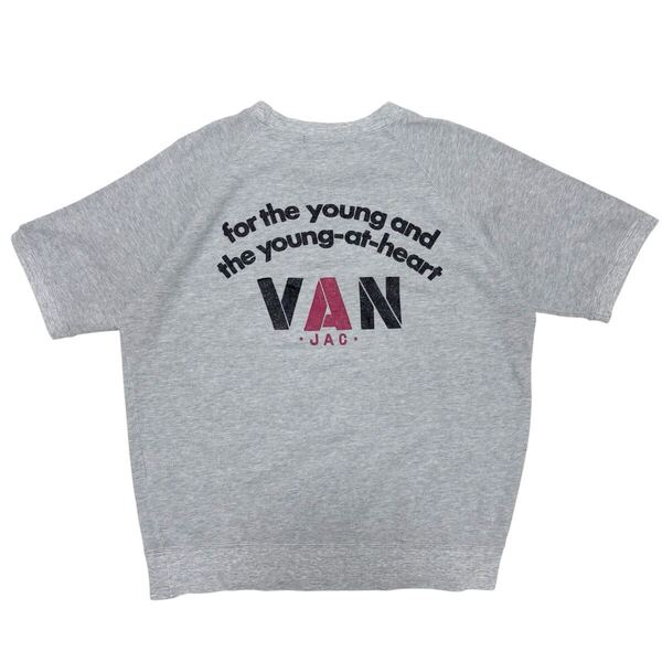 80s■VAN JAC ヴァンヂャケット■アーチロゴ ワッフル サーマルTシャツ M グレー 薄スウェット クルーネック リブ ヴィンテージ オールド