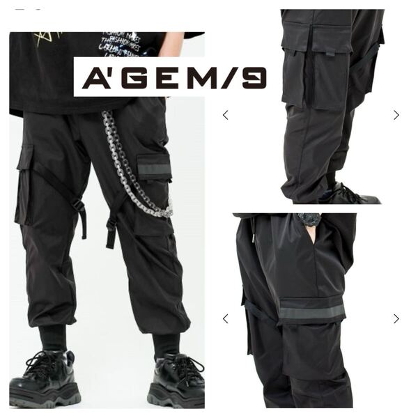 美品■A'GEM/9■ナイロン スリム カーゴ パンツ ウエストゴム F 黒 ブラック NYLON SLIM CARGO PANTS エージェム 定価10,780円